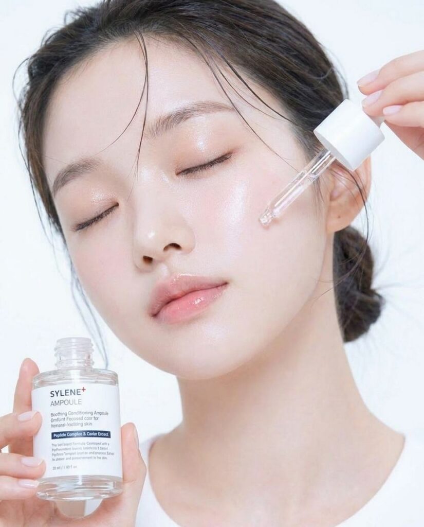 Applying Korean peptide ampoule to face